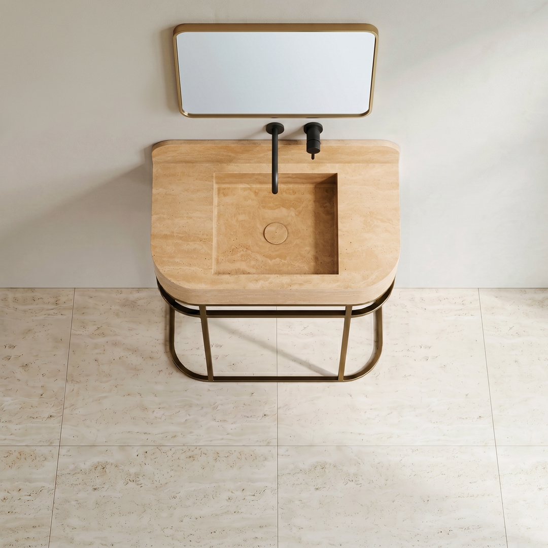 NORDST Assens marble vanity in Beige Travertine marble with gold brass frame - Large - Top View