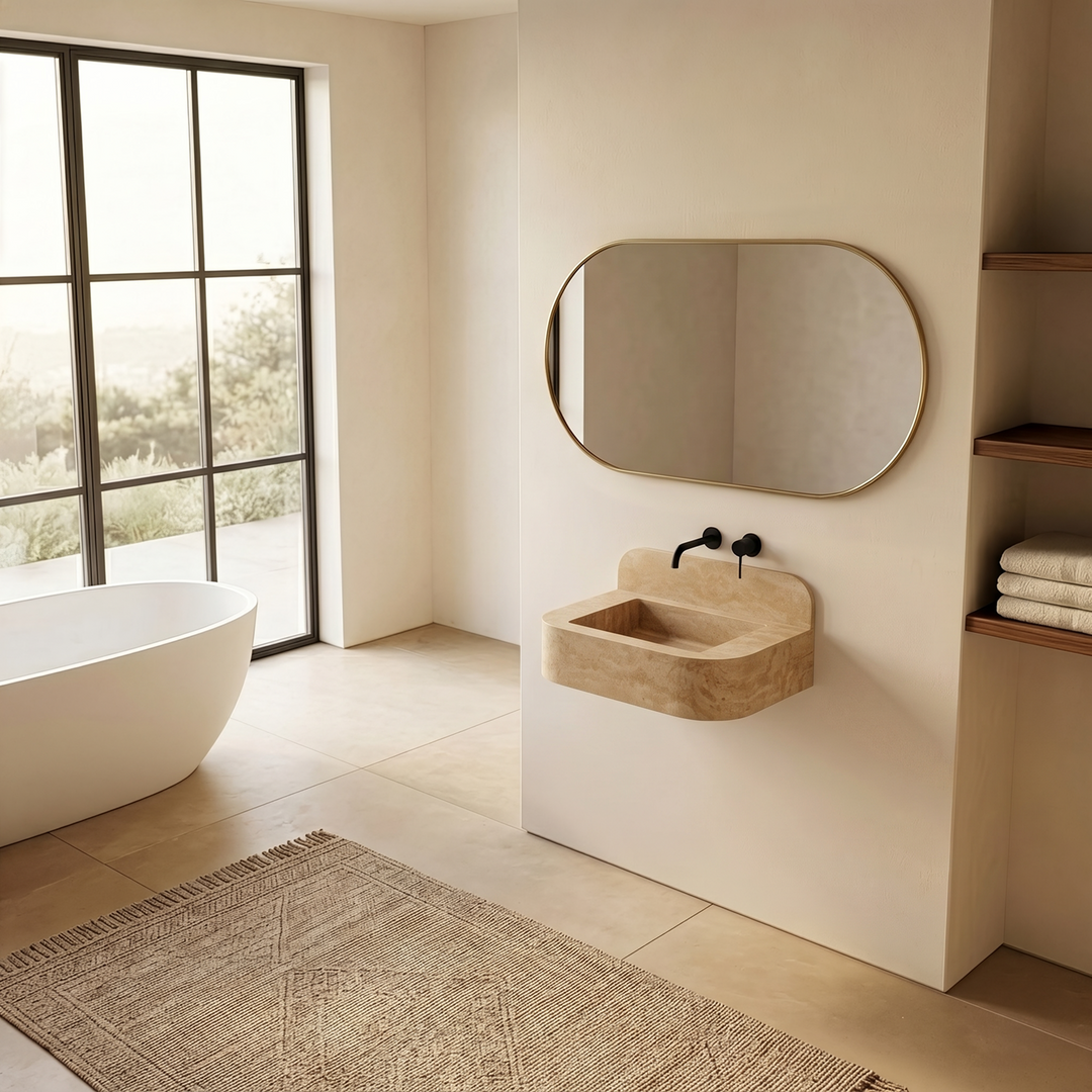 NORDST Assens marble vanity in Beige Travertine marble - Small - Side View
