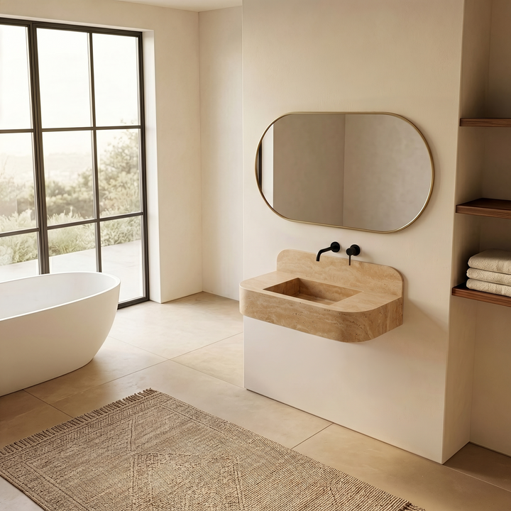 NORDST Assens marble vanity in Beige Travertine marble - Large - Side View