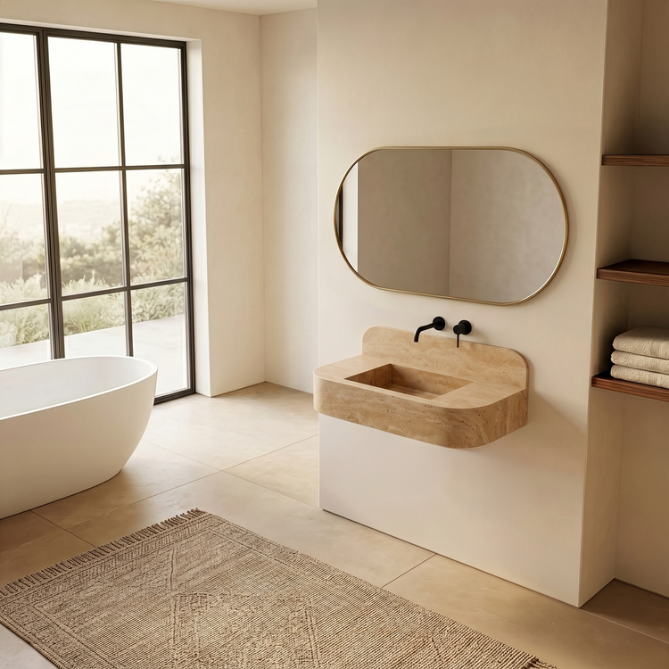 NORDST Assens marble vanity in Beige Travertine marble - Large - Side View