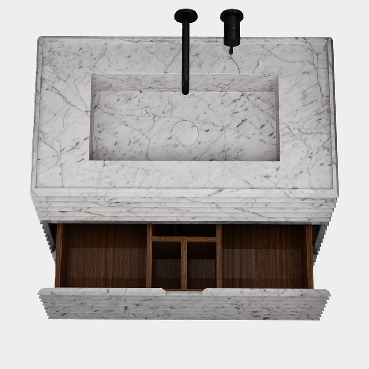 Njord single vanity medium top view drawers open in White Carrara