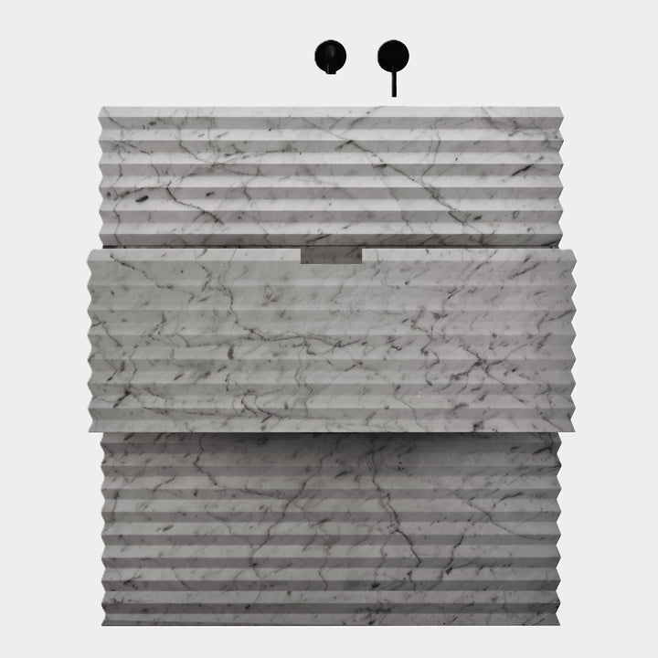 Njord single vanity medium front view drawers open in White Carrara