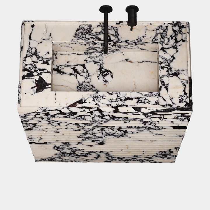 Njord single basin vanity medium top view in Calacatta Viola