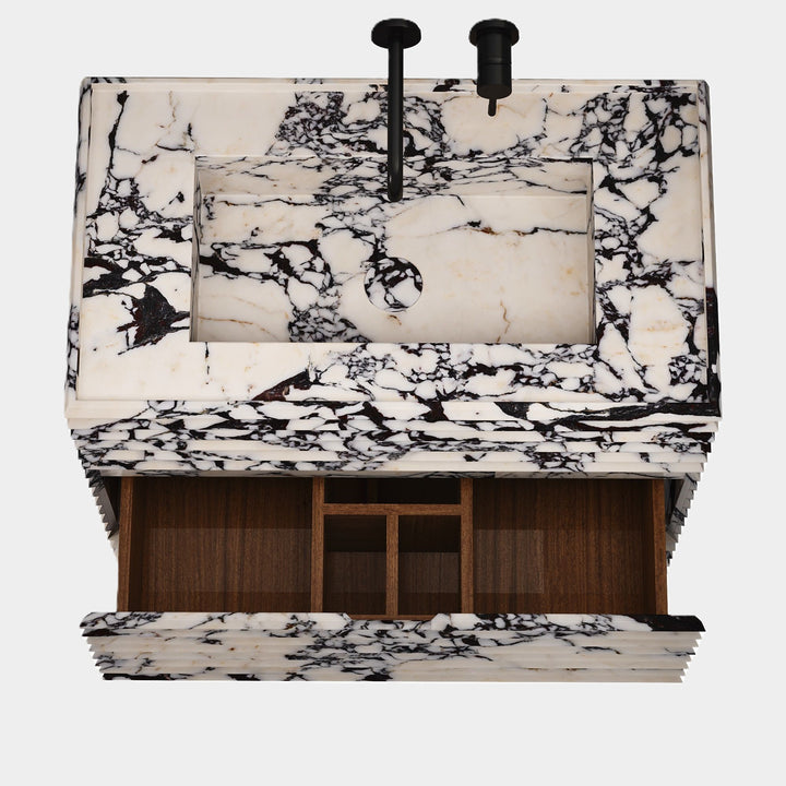 Njord single basin vanity medium top view in Calacatta Viola with open drawers