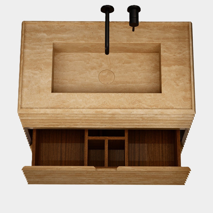 Njord single vanity medium top view drawers open in Beige Travertine