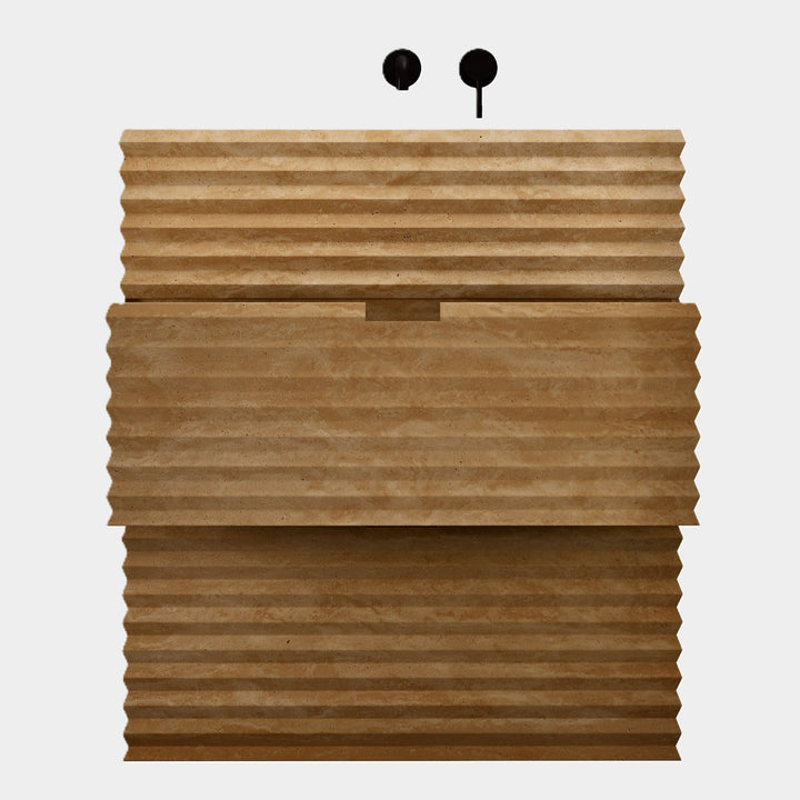 Njord single vanity medium front view drawers open in Beige Travertine