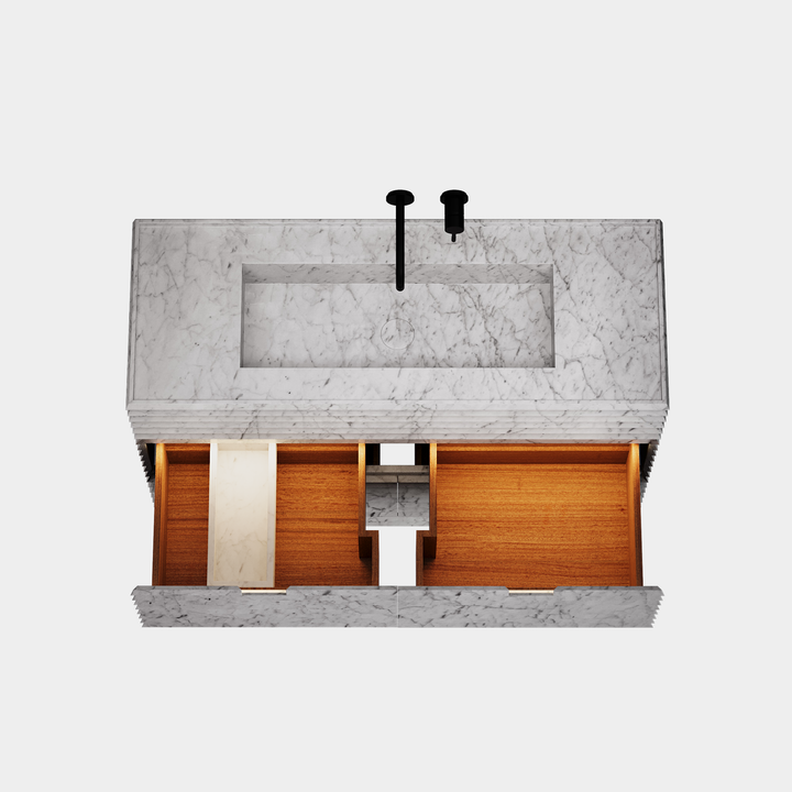 Njord single vanity large top view drawers open in White Carrara