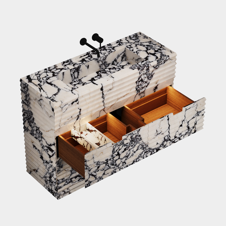 Njord single vanity large side view drawers open in Calacatta Viola