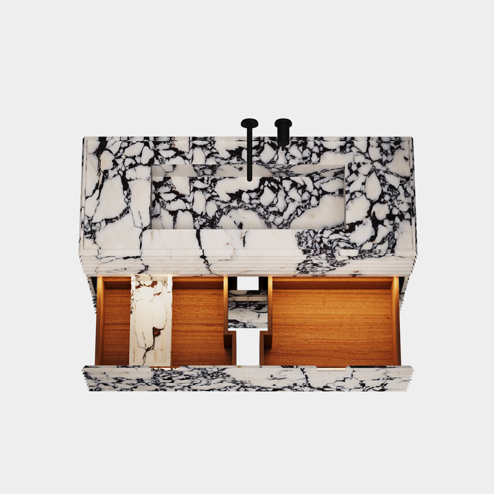 Njord single vanity large top view drawers open in Calacatta Viola