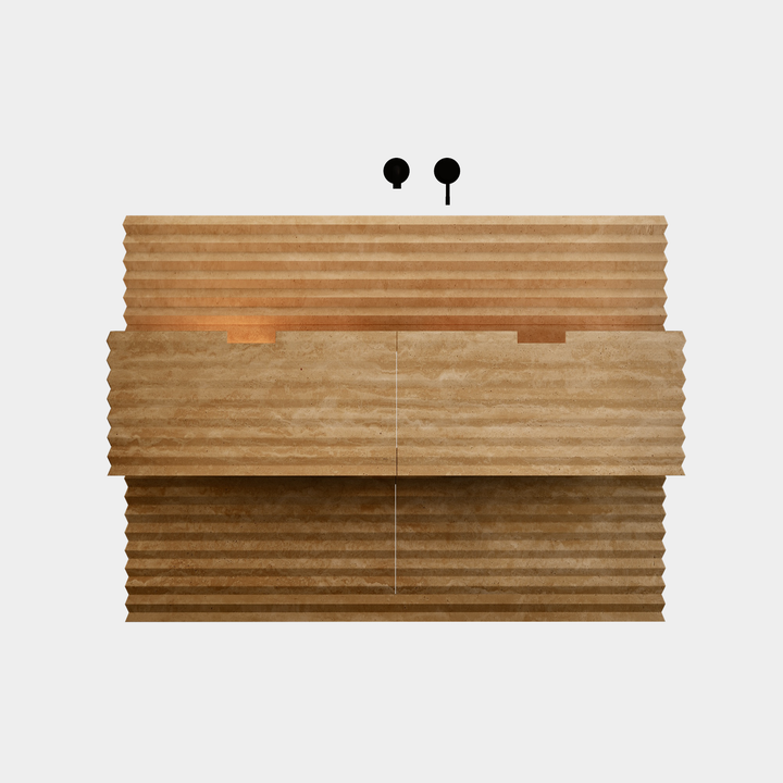 Njord single vanity large front view drawers open in Beige Travertine