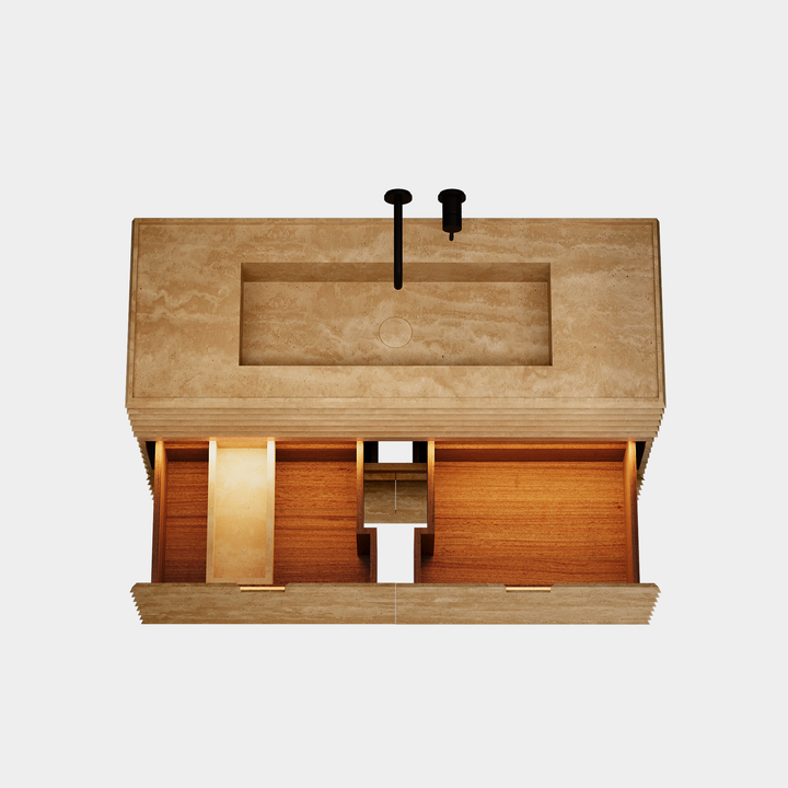 Njord single vanity large top view drawers open in Beige Travertine