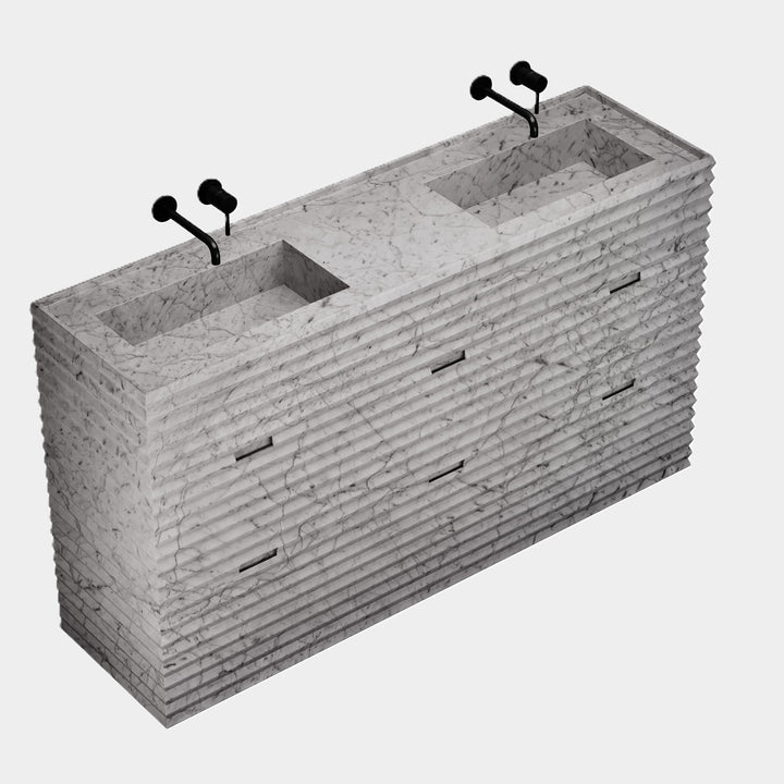 Njord double basin vanity side view in White Carrara