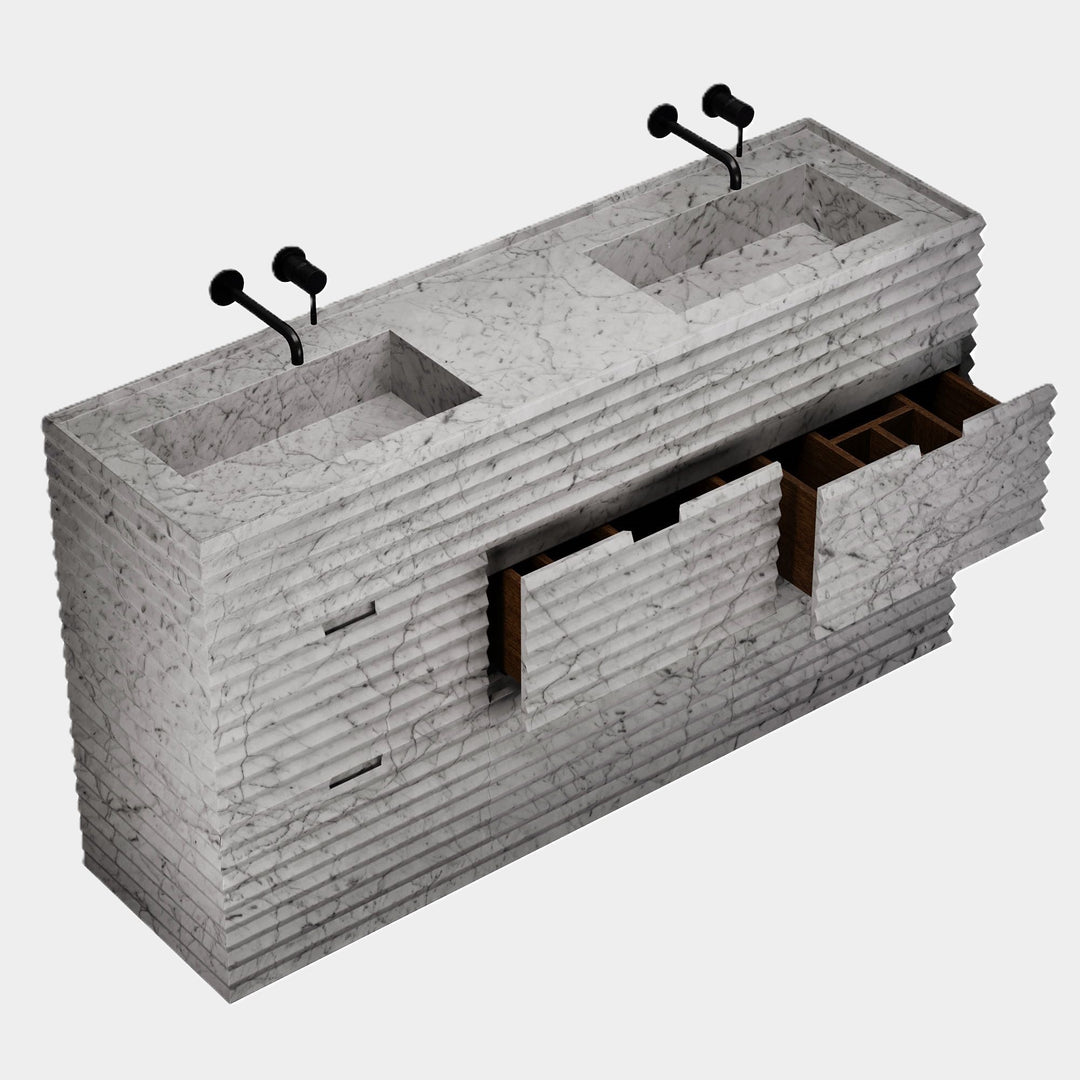Njord - Ribbed Marble - Double Basin Bathroom Vanity - White Carrara