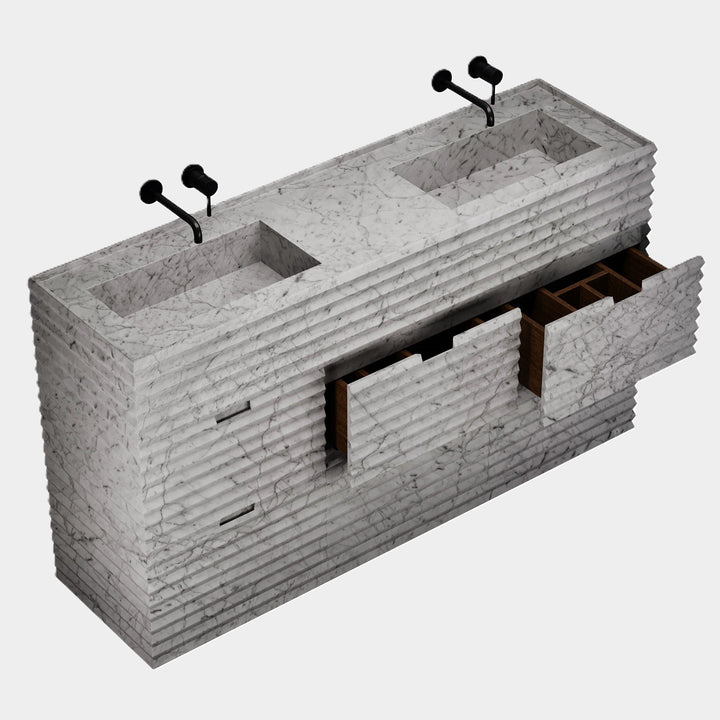 Njord - Ribbed Marble - Double Basin Bathroom Vanity - White Carrara