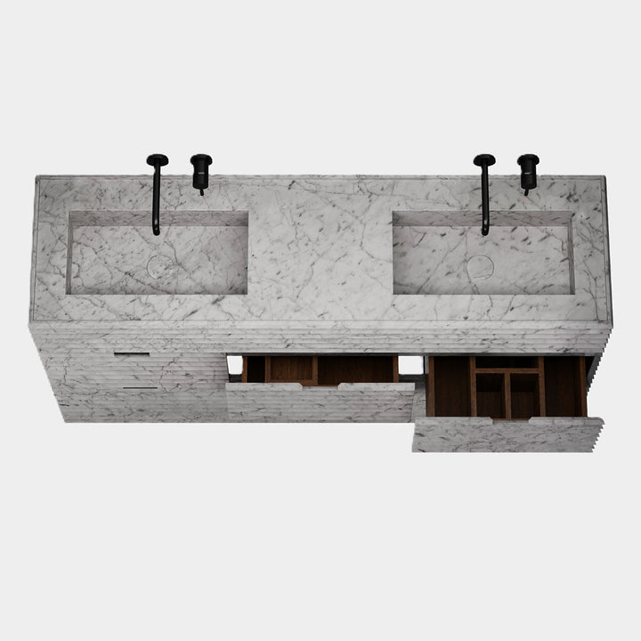 Njord double marble basin top view in White Carrara open drawers