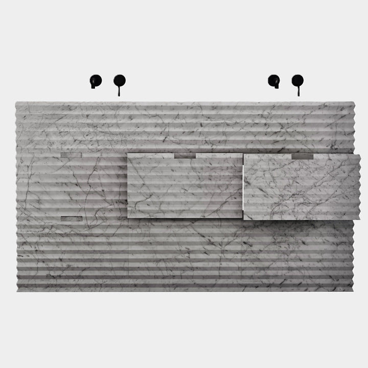 Njord double basin vanity open drawers front view in White Carrara