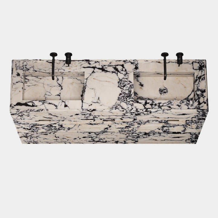Njord double marble basin top view in Calacatta Viola