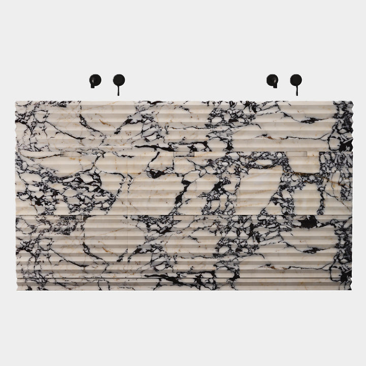 Njord double basin vanity front view in Calacatta Viola solo