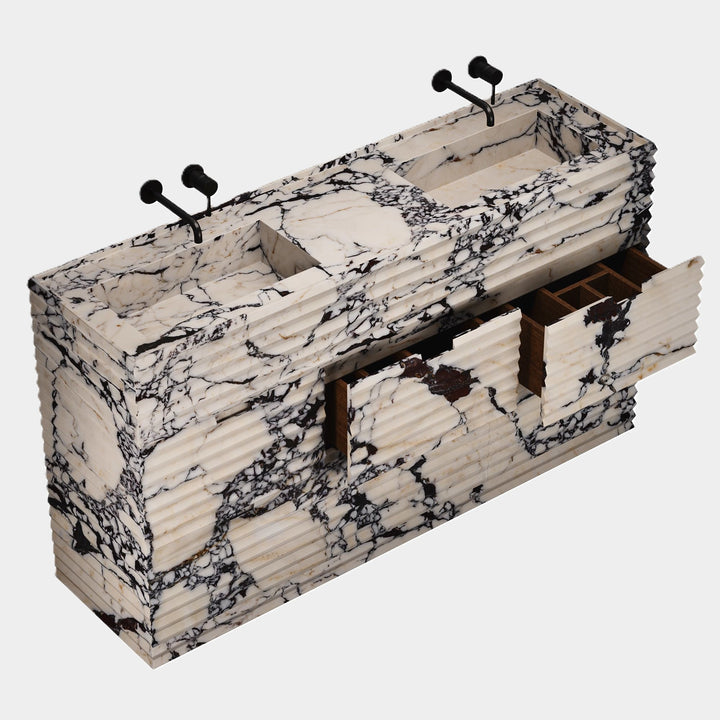 Njord double basin vanity side view in Calacatta Viola open drawers