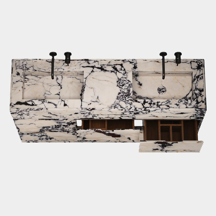 Njord double marble basin top view in Calacatta Viola with open drawers