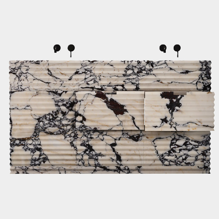 Njord double basin vanity front view in Calacatta Viola open drawers