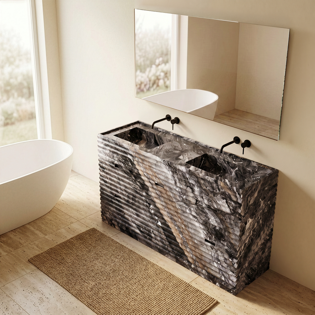 Njord - Ribbed Marble - Double Basin Bathroom Vanity