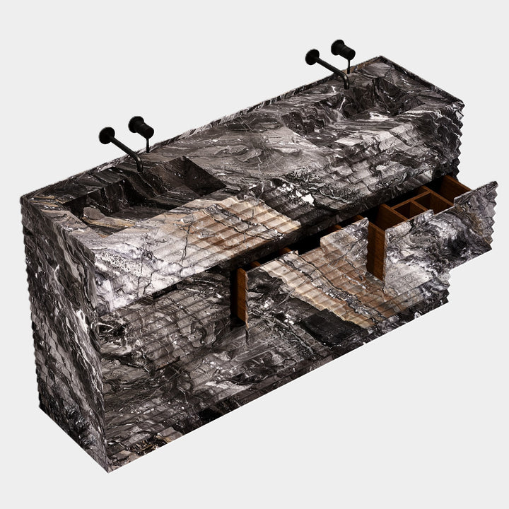Njord double basin vanity open drawers side view in Grey Galaxy
