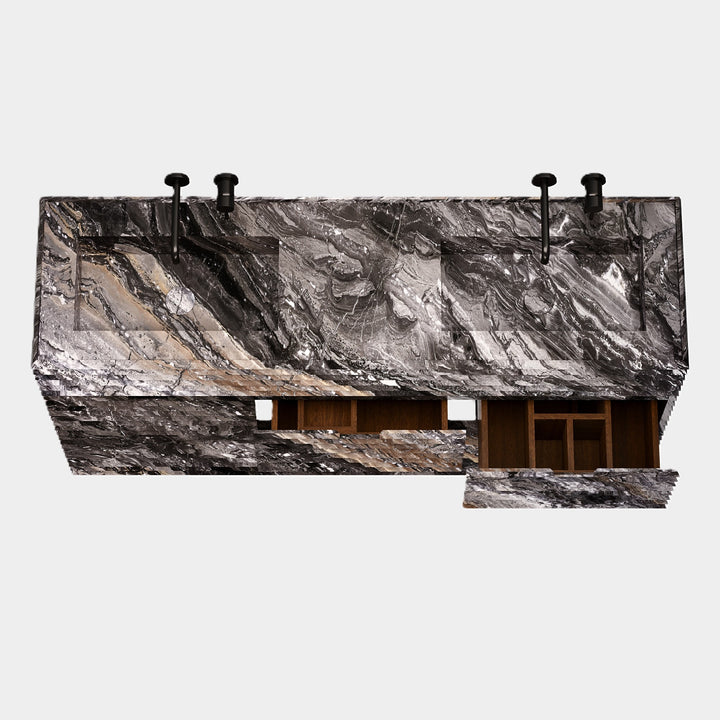 Njord double marble basin top view in Grey Galaxy open drawers