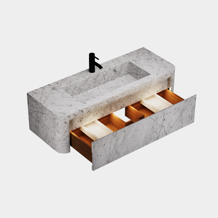 Lyke single wall-mounted vanity large side view drawer open in White Carrara