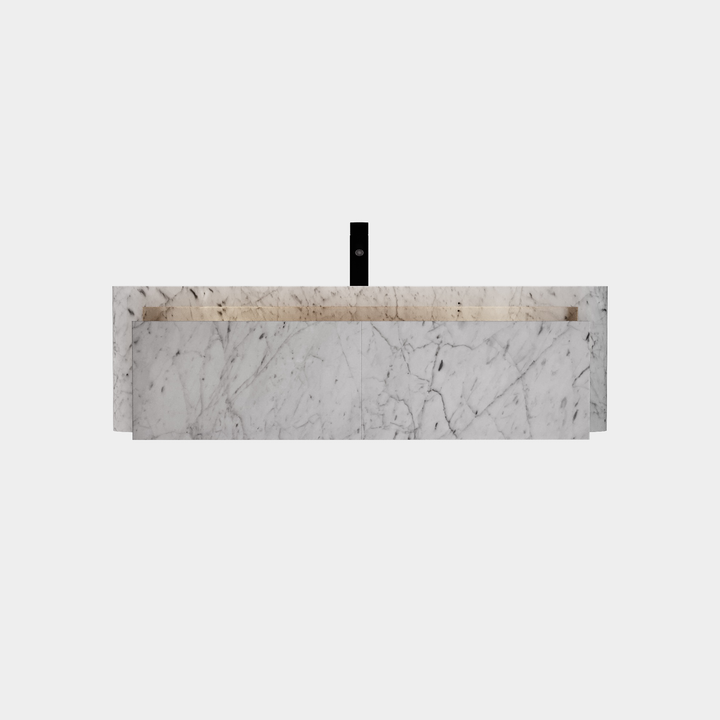 Lyke single wall-mounted vanity large front view drawer open in White Carrara
