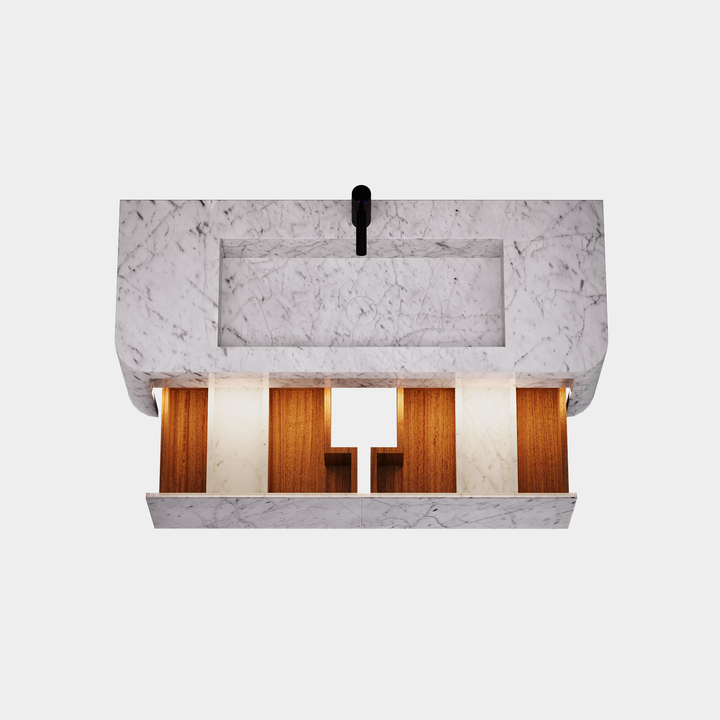 Lyke single wall-mounted vanity large top view drawer open in White Carrara