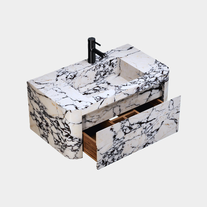 Lyke single vanity medium side view drawer open in Calacatta Viola