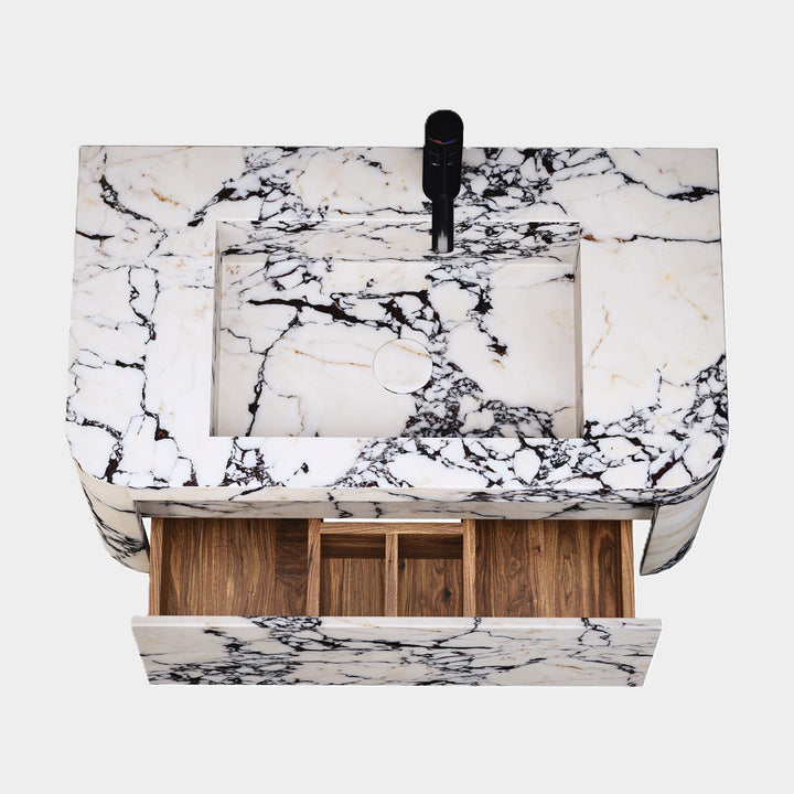 Lyke single vanity medium top view drawer open in Calacatta Viola