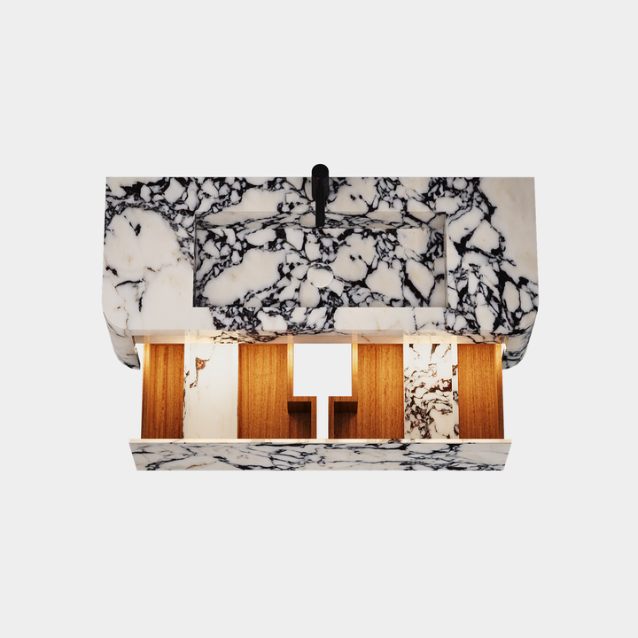 Lyke single wall-mounted vanity large top view drawer open in Calacatta Viola