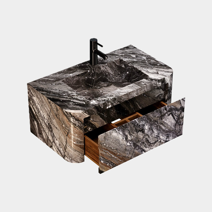 Lyke single vanity medium side view drawer open in Grey Galaxy
