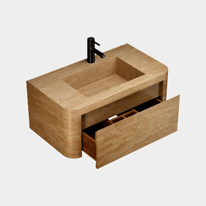 Lyke single wall-mounted vanity medium side view drawer open in Beige Travertine