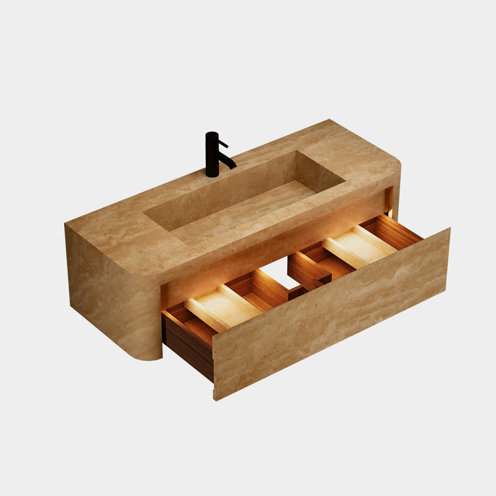 Lyke single wall-mounted vanity large side view drawer open in Beige Travertine