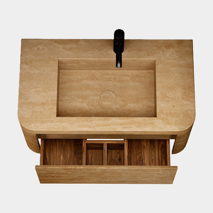 Lyke single wall-mounted vanity medium top view drawer open in Beige Travertine