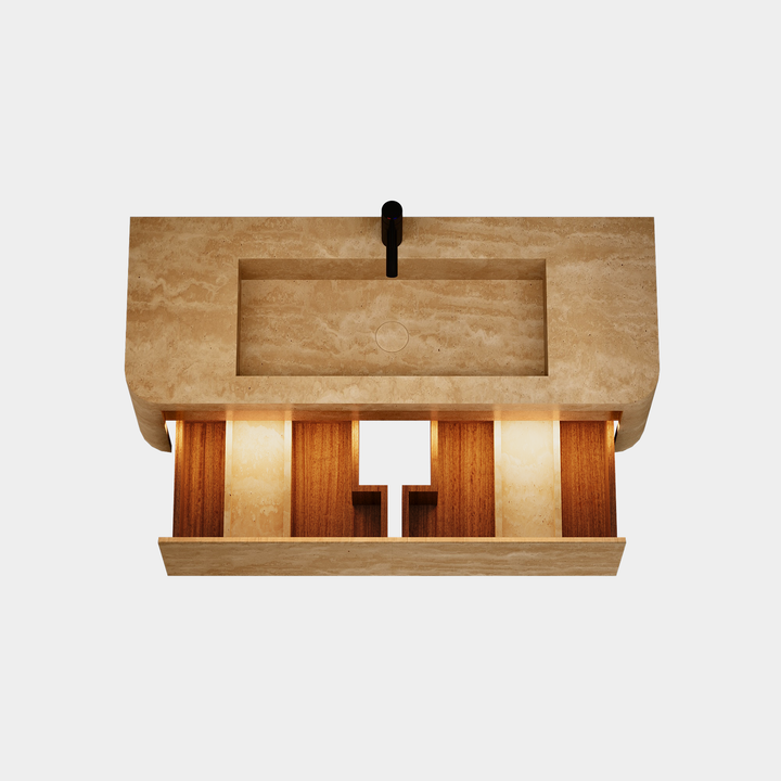 Lyke single wall-mounted vanity large top view drawer open in Beige Travertine