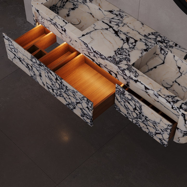 Lyke vanity drawer interior detail in Calacatta Viola