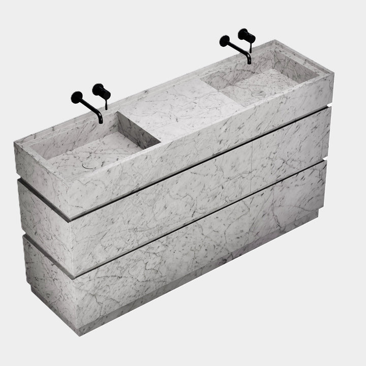 Orca marble vanity with double basin side view in White Carrara