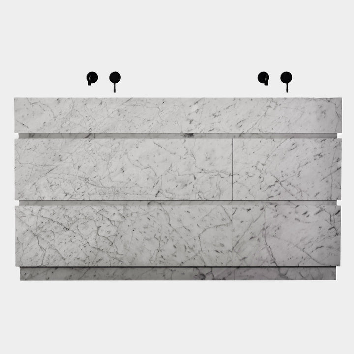 Orca double basin vanity front view in White Carrara