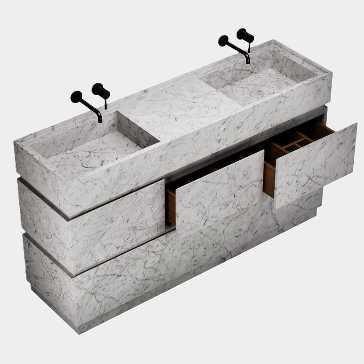 Orca marble vanity with double basin side view in White Carrara with open drawers