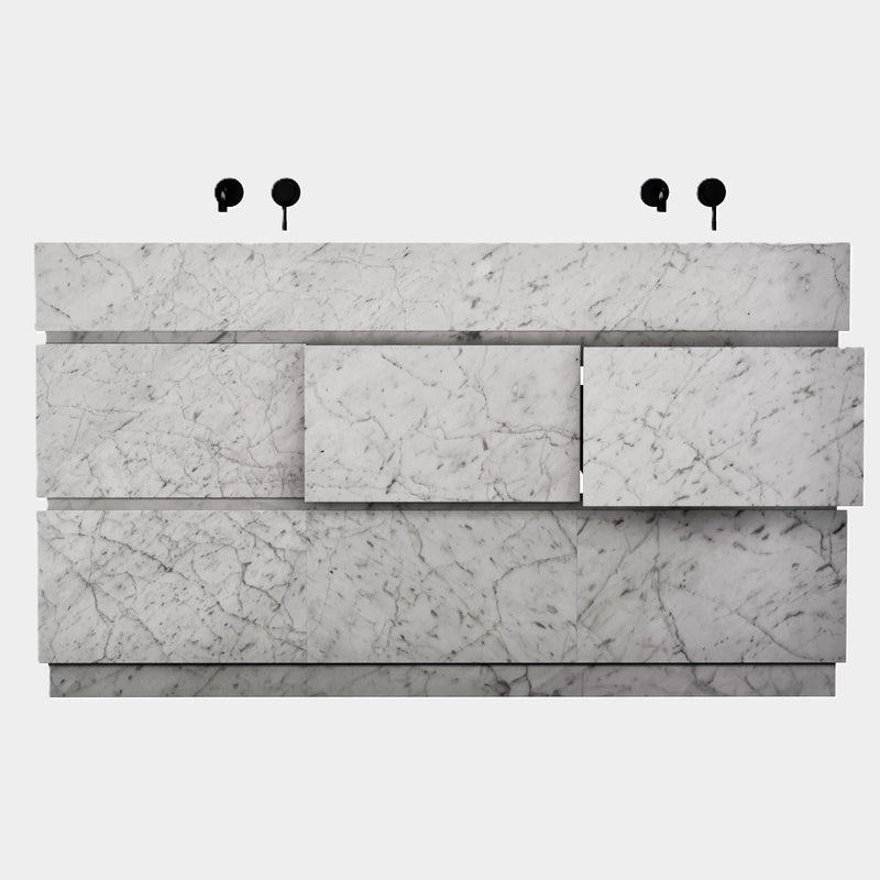 Orca double basin vanity front view in White Carrara with open drawers