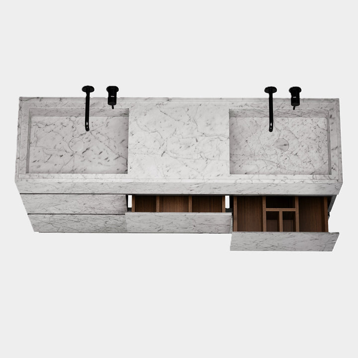 Orca double basin vanity top view in White Carrara with open drawers