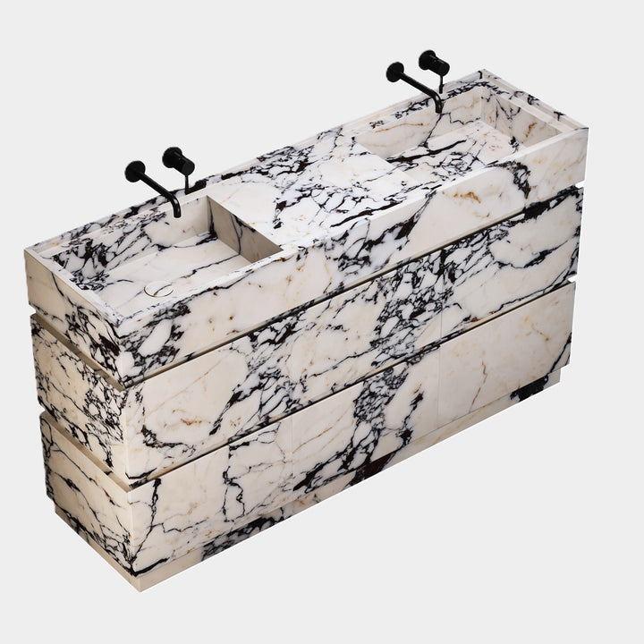 Orca marble vanity with double basin side view in Calacatta Viola