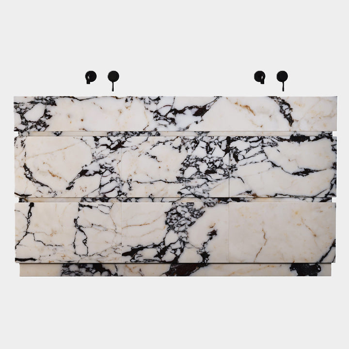 Orca double basin vanity front view in Calacatta Viola