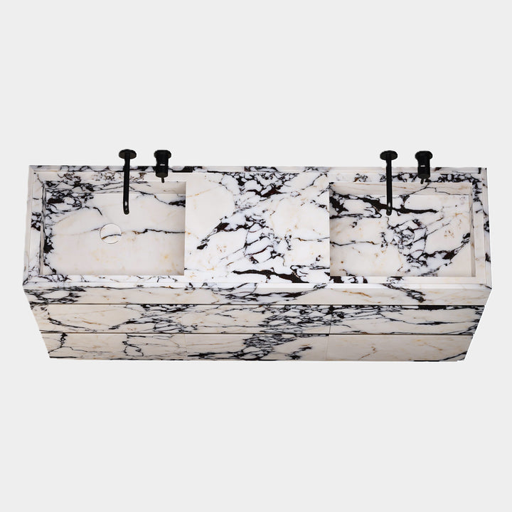 Orca double basin vanity top view in Calacatta Viola