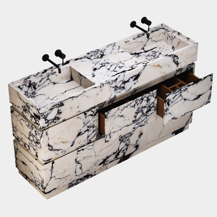 Orca marble vanity with double basin side view in Calacatta Viola open drawers