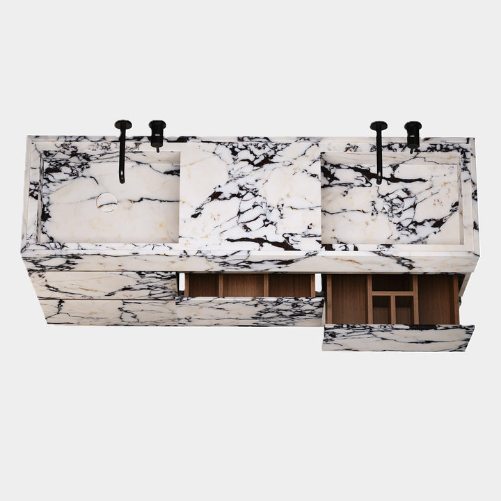 Orca double basin vanity top view in Calacatta Viola with open drawers